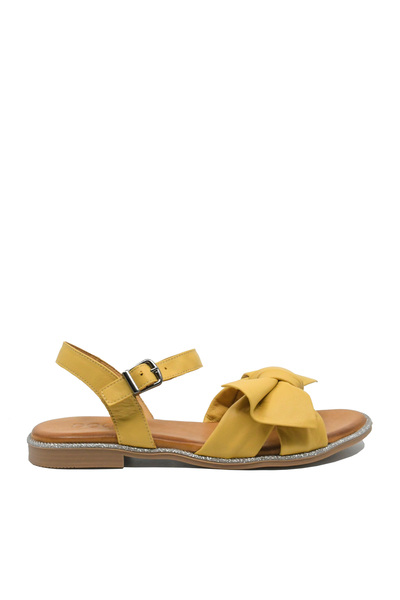 Dogati Flat sandals for women with bow, light yellow, made of natural leather