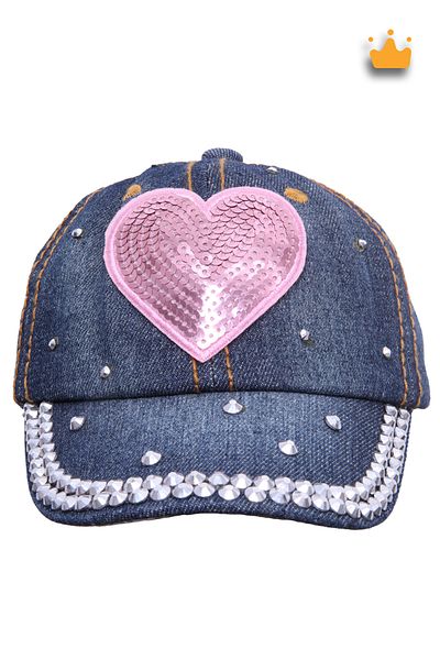 Kitti 2-5 Years 48cm Girl's Stoned Heart Denim Jeans Adjustable Velcro Hat Cap Navy Blue Y91501