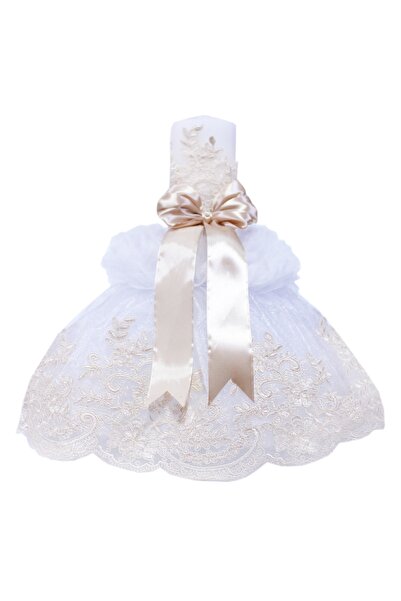 Recostore Lumanare cu funda bej botez si tulle alb, 45x7 cm, REC206