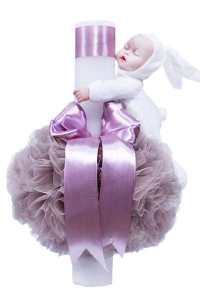 Recostore Powder pink baptism candle, with white bunny, powder pink tulle and bow, 30x5 cm, REC98