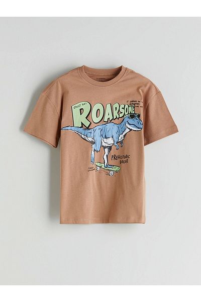 LC Waikiki Lcw Kids Brown Dinosaur Printed Boys T-Shirt and Shorts Pack of 2