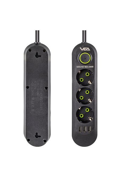 VEA Va-21557 3-Piece 3 USB 1.5 Meter Current Protected Socket Black