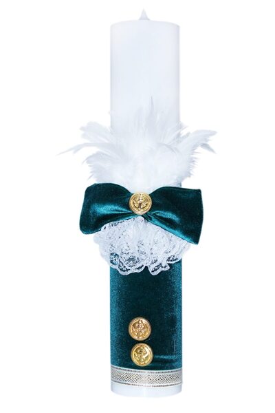 Recostore Lumanare verde smarald botez, cu aplicatii din pene si banuti aurii...