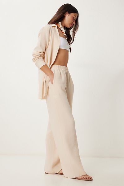 Lovelyİstanbul Linen Muslin Shirt Pants Set Cream Lcr0078