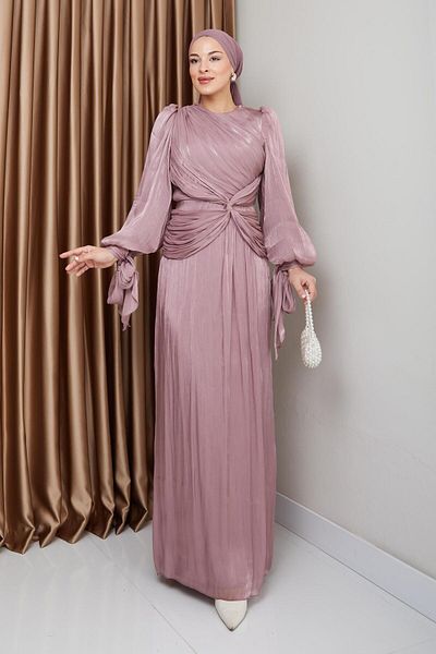 Olcay Yoryo-Hijab-Abendkleid aus Seide mit Fliege und Schleife, detailliertes Ärmelkragen-Krawattenkleid ROSE 1224