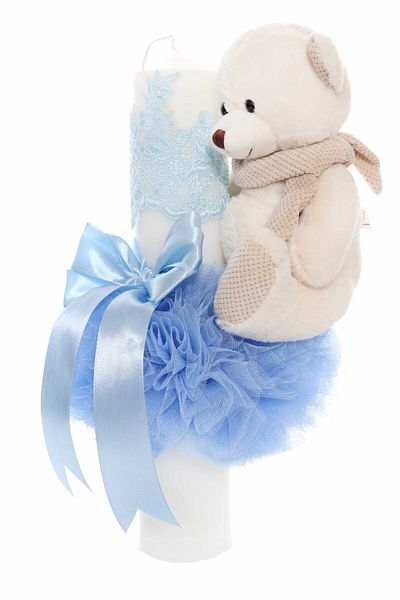 Recostore Lumanare botez cu tulle bleu si cu ursulet de plus atasat, 35x7 cm,REC1860