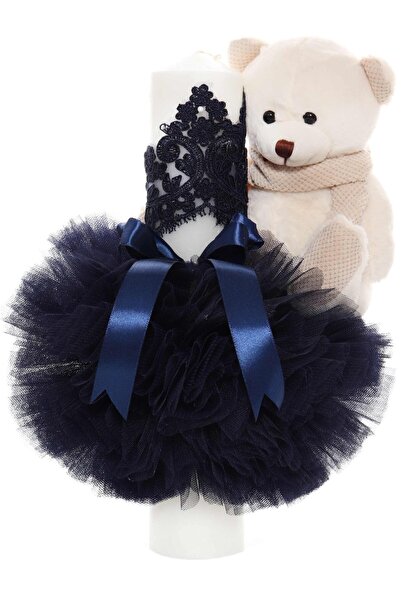 Recostore Lumanare botez cu tulle bleumarin si cu ursulet de plus atasat, 35x...