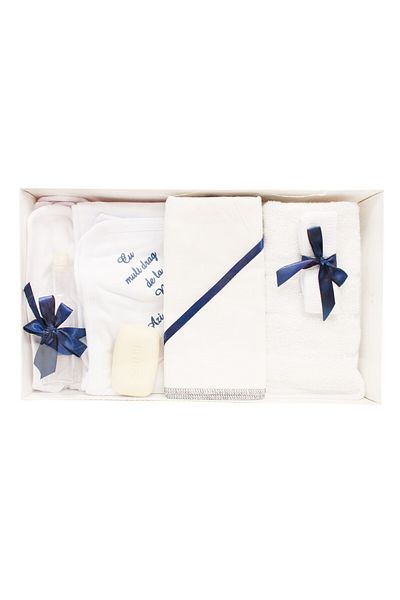 Recostore Trusou alb-bleumarin botez, "Cu mult drag de la nasi" 7 piese, REC1245