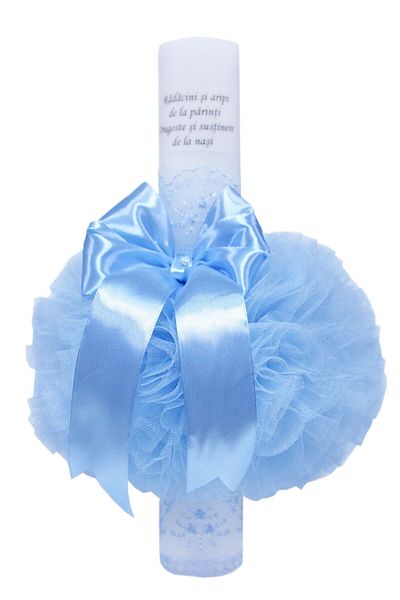 Recostore Lumanare bleu „Radacini si aripi” botez, 35x5 cm, REC108