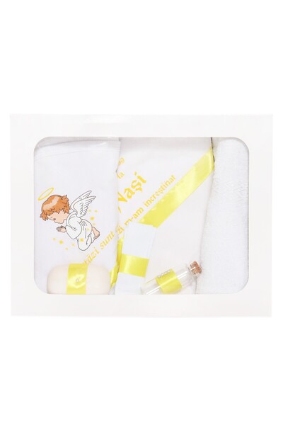 Recostore Trusou botez cu ingeras, alb-galben, mesaj „De azi sunt crestin, 6 ...