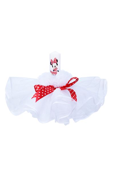 Recostore Lumanare alba botez, cu Minnie Mouse a, cu volane si funda rosie cu buline, 30x5 cm, REC135