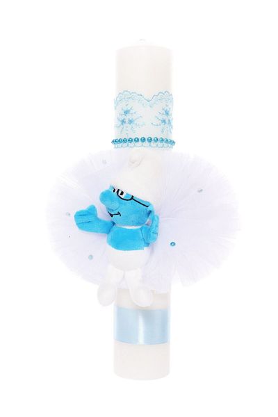 Recostore Lumanare botez cu Strumf, tulle alb40x7 cm,REC1925