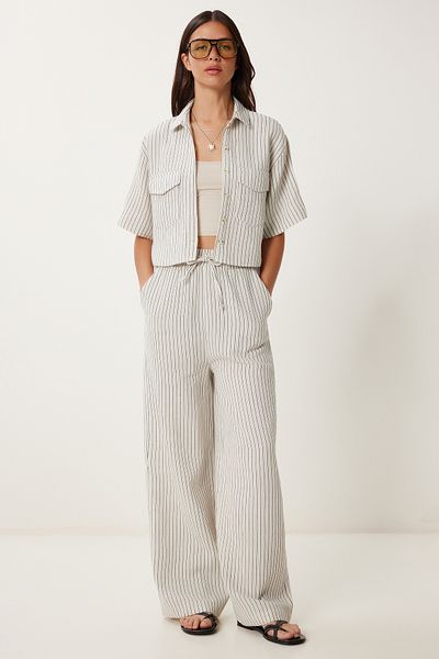 Lovelyİstanbul Striped Muslin Shirt Pants Suit Cream Lmx0084