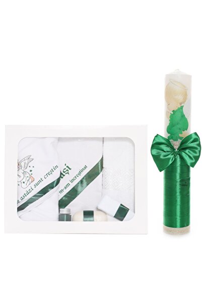 Recostore Set trusou si lumanare cu ingeras botez, alb-verde, 7 piese,REC1751