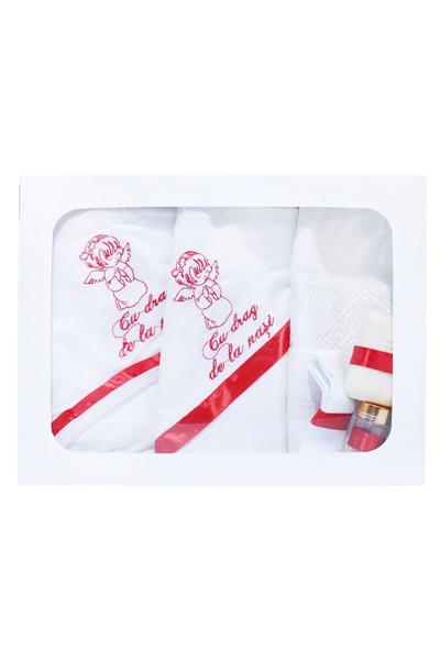 Recostore Trusou botez, alb-rosu, cu ingeras brodat, 6 piese, REC272