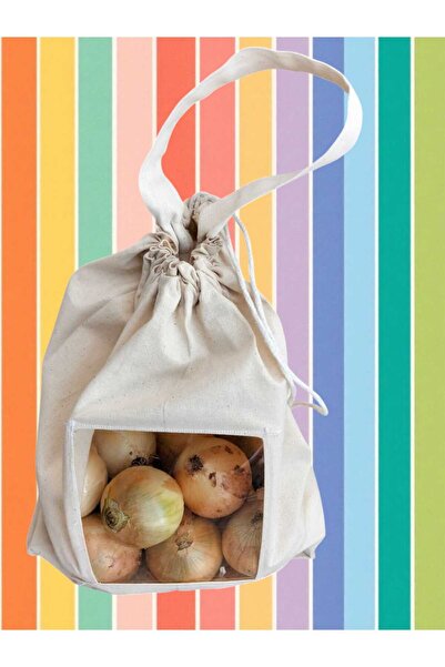 ilkadimbuklet 5 Kg Soğan Saklama Torbası | Asetat Pencereli Pamuk Ham Bez | İpli & Saplı Doğal Bez Torba