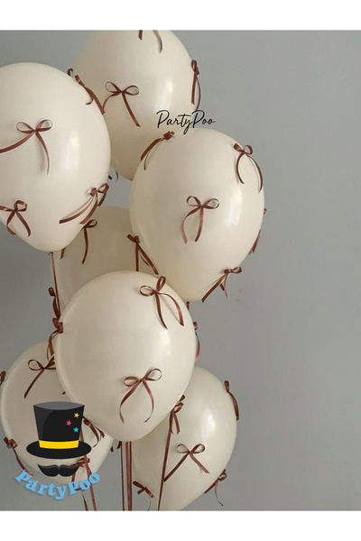 PartyPoo Brown Bow Ribbon Sand Beige Balloon Set 10 Birthday Bow Balloon, Ribbon Balloon