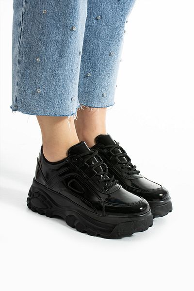 Ayax Black Patent Leather High Sole Casual Women's Sneaker