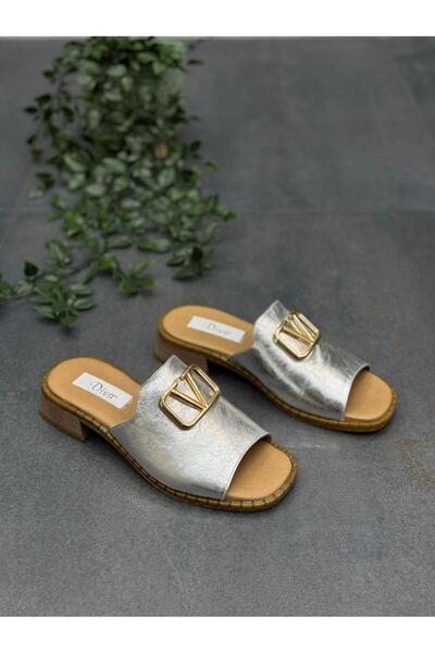 DİVA Ασήμι Δερμάτινο Με αγκράφα Ορθοπεδικό Γυναικείο Casual Παντόφλες