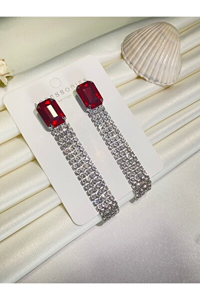 Furtek Aksesuar Kadın Dikdörtgen Zirkon Kırmızı Sallantılı Küpe Modeli Hediyelik Su Yolu Nişan Düğün Balo