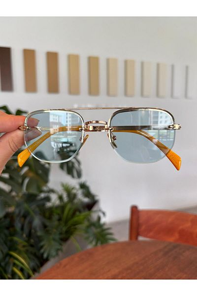 funeyes Energy Metal Frameless Thin Lightweight Sunglasses Uv400 Protection Premium Glasses Gold Glasses with Blue Glass