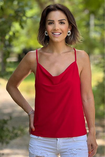 Nevin Kaya Moda Degaje Collar Red Strap Blouse - Adjustable