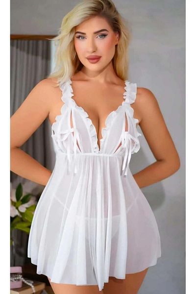 Bluewhs Women's Nightgown Stylish Outfit See-Through Tulle Detailed Special Low-Cut Nightgown