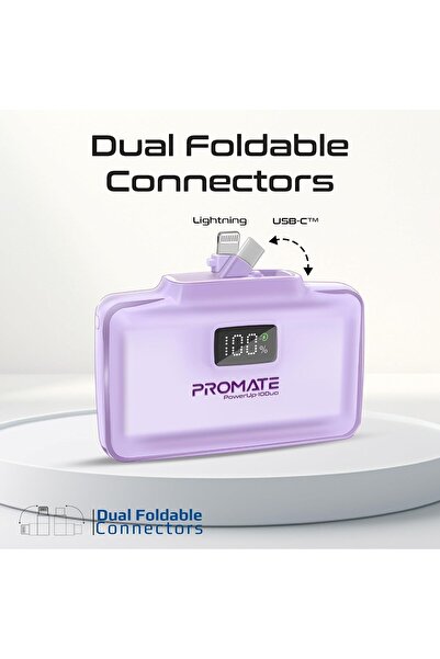 Promate PowerUp-10Duo 10000mAh Portable Power Bank with Built-In 20W USB-C & Lightning (Purple)