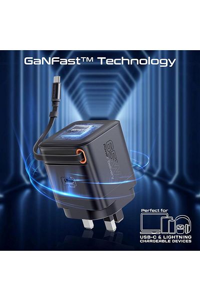 Promate شاحن GaNFast™ بقوة 65 وات مع منفذ USB-C، وكابل مدمج قابل للسحب، وحماية من زيادة التيار، ومدمج