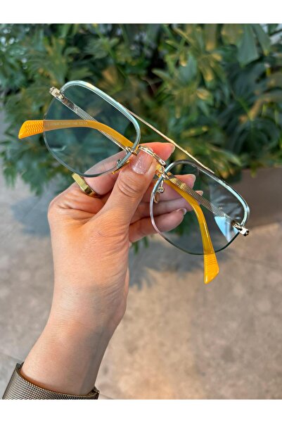 funeyes Energy Metal Frameless Thin Lightweight Sunglasses Uv400 Protection Premium Glasses Gold Glasses with Blue Glass