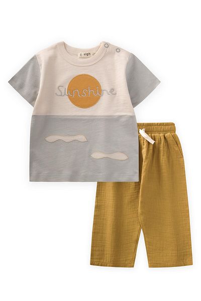 Cigit Appliqued Garni Detailed T-Shirt Set 1-5 Years Old Stone