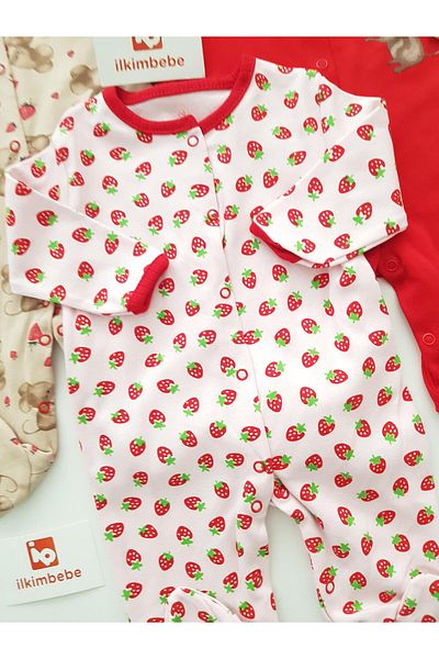 ilkimbebe Strawberry Patterned 3-Piece Baby Jumpsuit