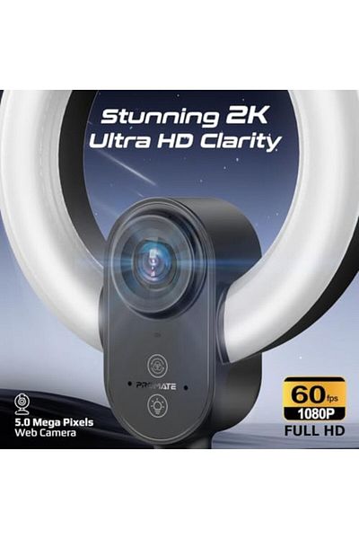 Promate 2K Ultra HD Webcam with 5.0 Mega Pixels, Integrated 5.5" Adjustable Ring Light, 90° Wide An