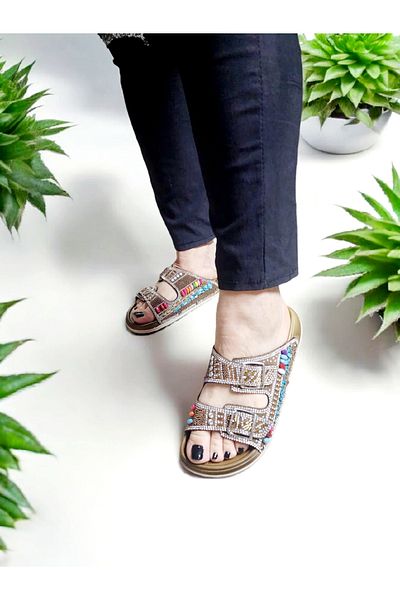 AkınalBella Double Buckle Shiny Natural Stone Anatomical Slippers