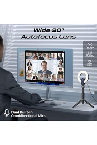 Promate 2K Ultra HD Webcam with 5.0 Mega Pixels, Integrated 5.5" Adjustable Ring Light, 90° Wide An