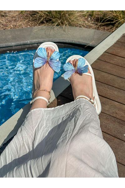 ERVANIN BUTİĞİ White Skin (James) Fuchsia Butterfly Detail Women's Sandals