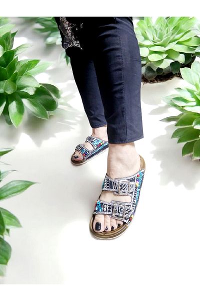 AkınalBella Double Buckle Shiny Natural Stone Anatomical Slippers
