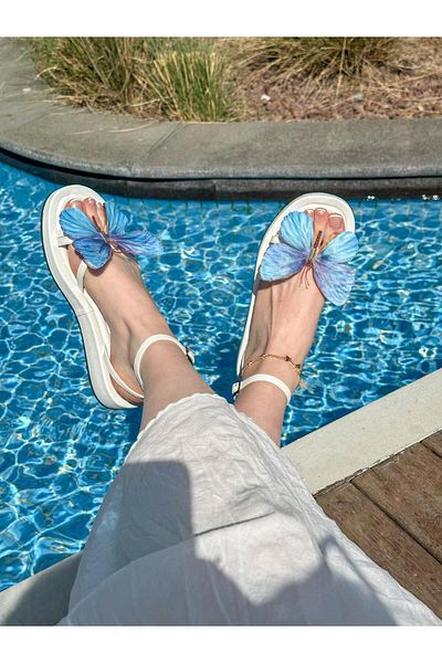 ERVANIN BUTİĞİ White Skin (James) Fuchsia Butterfly Detail Women's Sandals