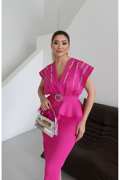 1Moda1Tarz Γυναικεία Εισαγόμενη Υφασμάτινη Ζώνη Λεπτομέρεια Ειδικού Σχεδιασμού Φόδρα Midi Φόρεμα