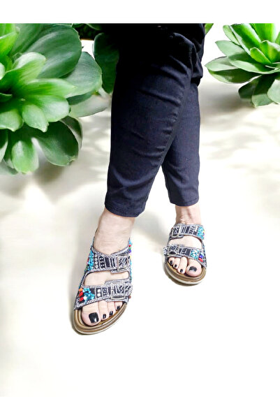 AkınalBella Double Buckle Shiny Natural Stone Anatomical Slippers