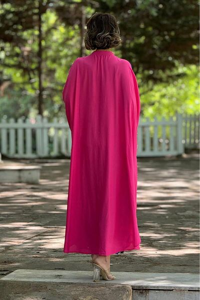 Nevin Kaya Moda Oversize Ροζ Διπλό Βαμβακερό Φόρεμα Plus Size