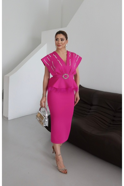 1Moda1Tarz Γυναικεία Εισαγόμενη Υφασμάτινη Ζώνη Λεπτομέρεια Ειδικού Σχεδιασμού Φόδρα Midi Φόρεμα