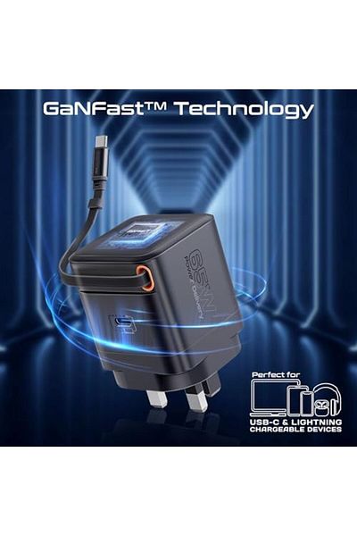 Promate شاحن GaNFast™ بقوة 65 وات مع منفذ USB-C، وكابل مدمج قابل للسحب، وحماية من زيادة التيار، ومدمج