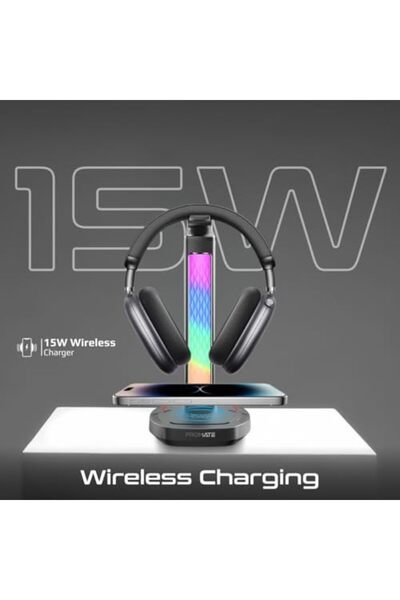 Promate 4-In-1 Multifunctional RGB Headset Stand with 15W Wireless Charger, USB-C and Dual USB-A Por
