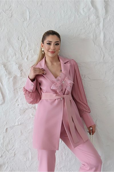 1Moda1Tarz Women's Imported Atlas Fabric Sleeves Chiffon Pleated Rose Detail Belted Lined Special Design Top-Bottom Set