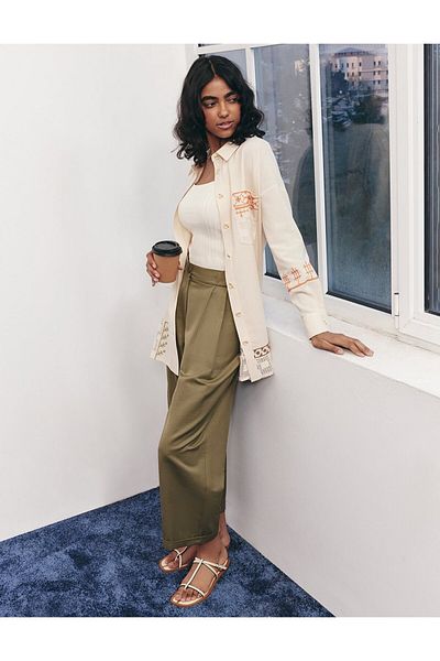 Kayra Linen Blended Embroidered Tunic Cream