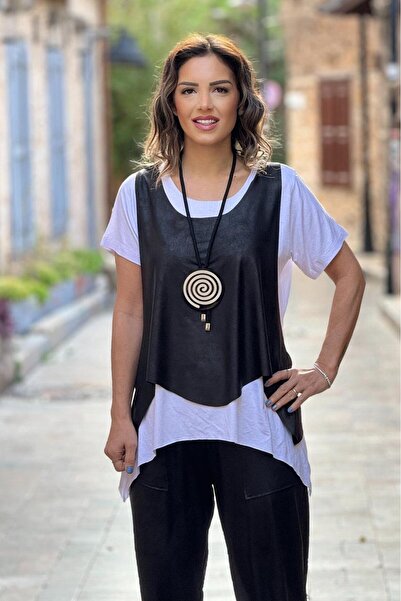 Nevin Kaya Moda Beyaz Kısa Kollu Kolye Hediyeli Tişört ve Deri Yelek Takım