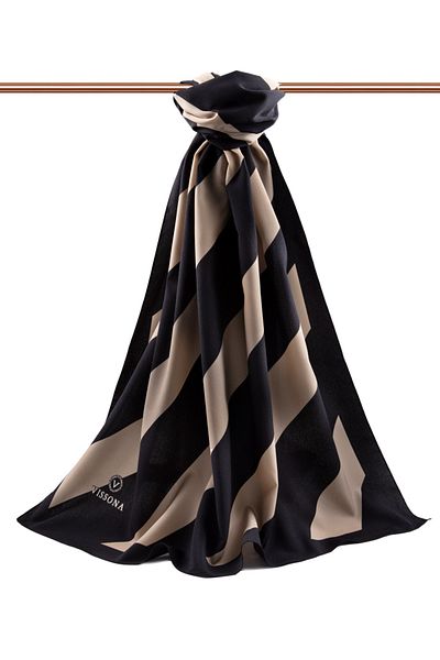 Vissona Πολυτελές Medina Silk ριγέ μοτίβο μαύρο - μπεζ χρώμα 75x195 Ανθεκτικό σάλι Moss Crepe Τύπος ραφής Ιταλία