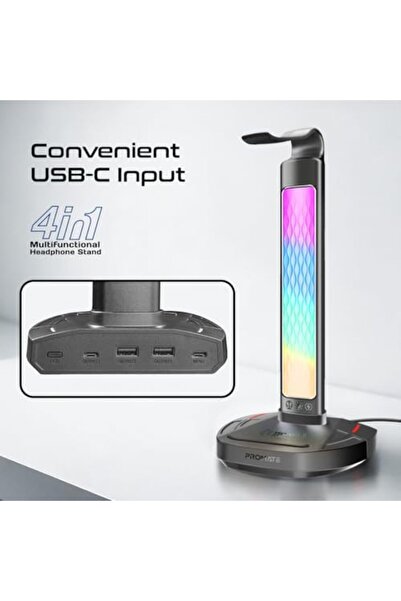 Promate 4-In-1 Multifunctional RGB Headset Stand with 15W Wireless Charger, USB-C and Dual USB-A Por