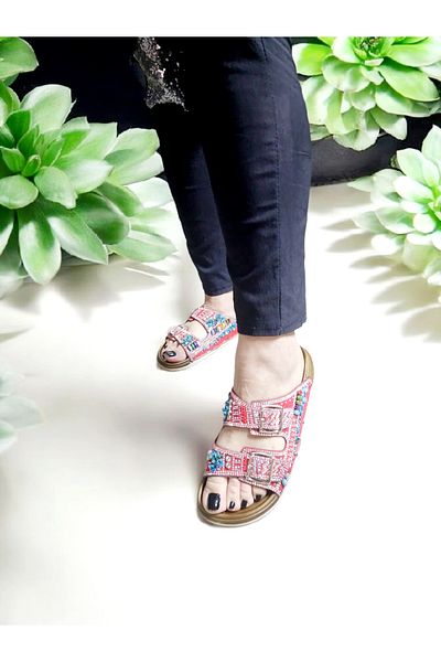 AkınalBella Double Buckle Shiny Natural Stone Anatomical Slippers